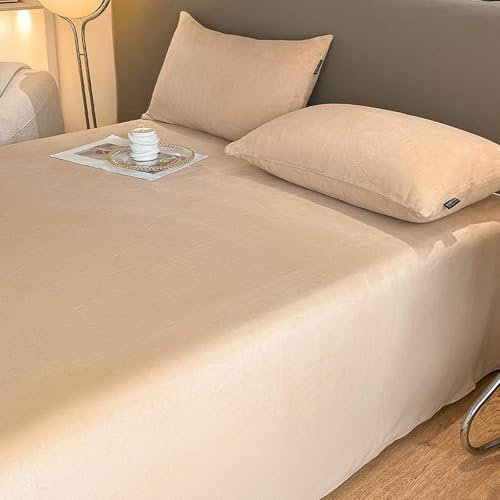 Mesnt Bettlaken, 240x250cm Einfarbig Betttuch mit 2 Kopfkissenbezügen aus Milch Samt MatratzenüBerzug, Bequem, Aprikose