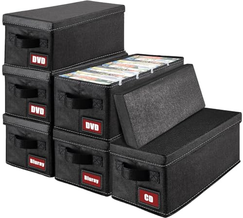PUTNATRUE DVD Storage Boxes, 6P Larger DVD Storage Cases with Lid, Stackable Fabrics Media Storage Holds Up 156 DVDs (Each 26), Also Idea for Storaging Blu rays, Video Game Cases, CDs