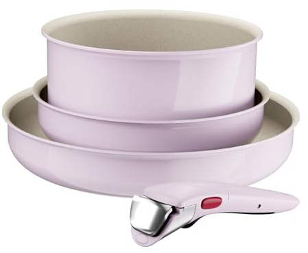 Lagostina Ingenio Pastel, Set di Padelle Antiaderenti 4 Pezzi con Manico Rimovibile, Compatibili con Induzione e Forno, Design Salvaspazio, Colore Rosa