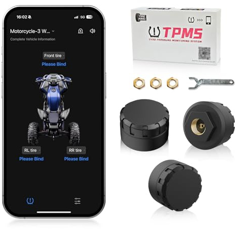 Système de contrôle de la pression des pneus de moto Moman TPMS 3 capteur pression pneu avec application, moniteur de pression des pneus et de la température avec fonction d'alarme, compatible iOS