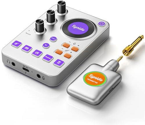 Synido Sistema de guitarra inalámbrico de 5,8 GHz, receptor transmisor de instrumento musical eléctrico recargable con tarjeta de sonido, 24 bits/96 KHz, baja latencia, compatible con Bluetooth BGM