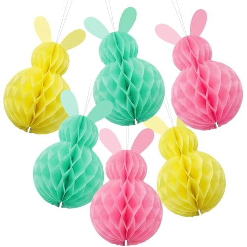 6 Pcs Easter Bunny Decorations,3D Honeycomb Rabbit Hanging Ornaments in Red, Green&Yellow,Vibrant Easter Tree Decorations for Home,Party&Ceiling,Spring Hanging Easter Decorations