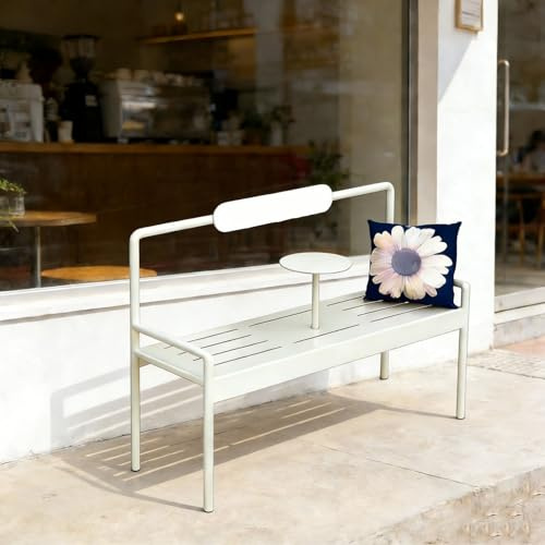 120cm Utomhusbänkar Väderbeständig, Trädgårdsbänk 2-personers Sittplats Verandamöbler, Uteplatsbänk med Ryggstöd, Armstöd och Litet Bord, Metallbänkar for Park Lawn Street(White)