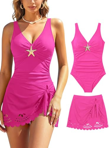 SHEKINI Women's 2 Piece Swimming Costume Tummy Control Swimsuit with Skirt | One Piece Swimwear and Skirts, Ruched, Padded, Adjustable Straps, V-neck Cross