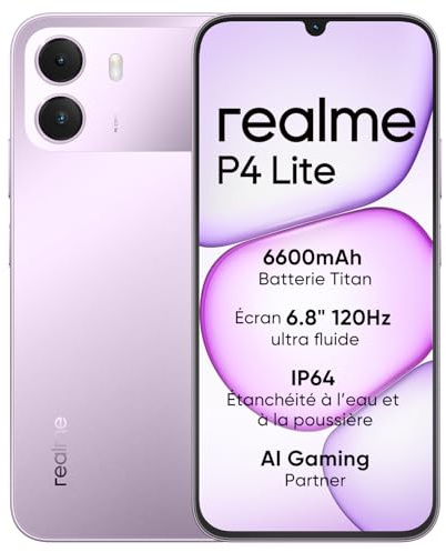 Smartphone realme P4 Lite 4G, 4GB+128GB, Écran LCD HD 120Hz 6,8, Batterie Titan 6600mAh, Recharge 15W, Recharge inversée 6W, IP64 antipoussière et étanche,Système Next IA,Violet Pulse (Sans chargeur)