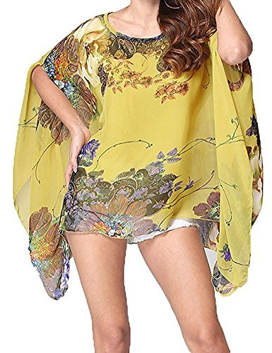 Max Hsuan Caftano da donna largo, oversize, taglie forti, a tunica a pipistrello, in chiffon, motivo floreale, Giallo, stampa casuale, 16-18