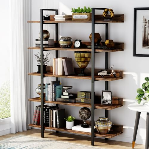 Tribesigns Bookcase 5 Tiers, Large Bookshelf, Wooden Shelf and Metal Tube Frame Book Shelf, Display Storage Rack Shelving Units for Home, Living Room, Bedroom, Office, Industrial Rustic Brown