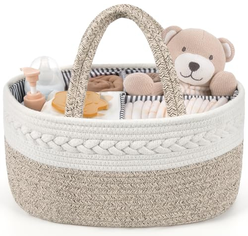 Maliton Nappy Caddy Organiser, Cotton Rope Baby Storage Basket with Removable Divider for Nappy Station, Portable Newborn Essentials Caddy for Changing Table, Nursery, Bedroom& Car, Brown, Large