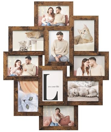 SONGMICS 4x6 Collage Picture Frames, 10-Pack Photo Collage Frame for Wall Decor, Glass Front, Assembly Required, Rustic Brown URPF020X02