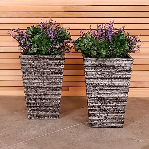 CHARLES BENTLEY Pair of Tall, Slate, Planters, Grey, Plastic, Plant Pots, Outdoor, Garden, Patio, Porch, Decking, Set of 2, Lightweight, Contemporary, Made In UK, Trendy (30x30x45cm)