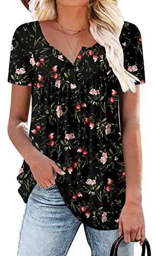 KISSMODA Ladies Pleated Tunic Tops for Women Buttons up Long Sleeve Shirts Floral Print