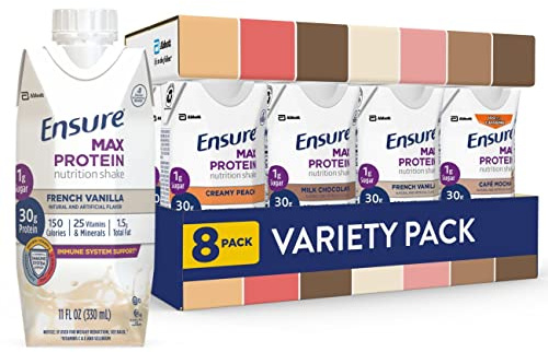 Ensure Max Protein Nutrition Shakes, Variety Pack, With 30g of Protein, 1g of Sugar, Nutrients to Support Immune System Health, High Protein Shake, 11 fl oz, Pack of 8, Liquid
