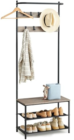 Vasagle HSR411B02 Coat Rack with Shoe Bench, Clothes Rail, 9 Removable Hooks, 32.2 x 64 x 180 cm, Industrial Style, for Hallway, Bedroom, Greige-Black