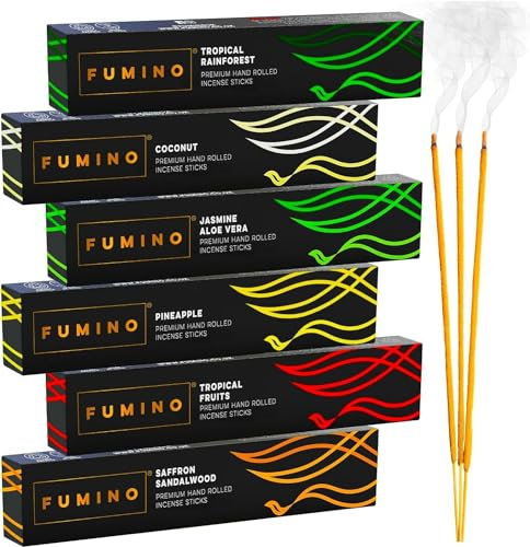 Fumino Incenso Bastoncini Naturali Realizzati a Mano Multipack Gusto Tropicale 6 Scatole 84 Stick (90g) Incensi Naturali Masala Agarbatti Fragranza Profumata Incenso Meditazione e Relax