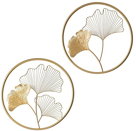 LOLAhome Set de 2 Murales de Hojas de metal, Decoración de Pared Hojas para Dormitorio, Sala de Estar, Oficina (Dorado)