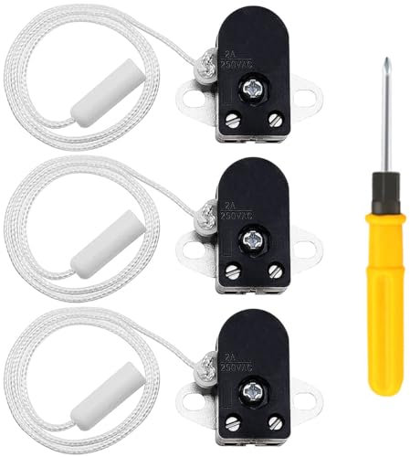 Acmerota 3 piezas interruptor de cuerda 2A 250V AC On-Off interruptor de cable de cadena de tracción lateral Mini interruptor de cable de tracción para luz de baño luces colgantes lámpara de pared