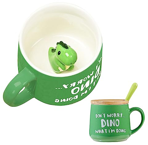 BigNoseDeer Cute Dinosaur Mug Ceramic Coffee Mug with 3D Cartoon Dino Inside,Cute Mugs with lid spoon,Cool Gifts,Birthday Christmas Gifts for Kids Women 13oz