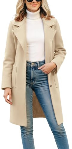 Omoone Women's Winter Wool Blend Coat Notch Lapel Mid Long Single Breasted Pea Coat Jacket Outwear(2629-CreamWhite-XS)