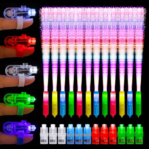 JIZZU 12 Pièces Bâton Lumineux LED en Fibre Optique avec 12Pcs Lumières de Doigt, Bâton Lumineux Fluorescent, 3 Modes Colorés Clignotants, pour Fête de Mariage Enfants Anniversaire