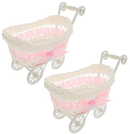KOMBIUDA 2pcs Party Woven Baskets mini cart Ornament Farmhouse Basket Imitation Toys Doll Stroller Woven Storage Basket Basket Flower Trolley cart pp Container Baby Rattan
