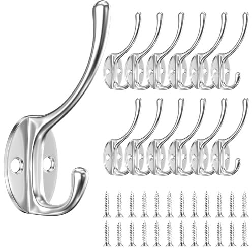 Newaner 12 Stück Kleiderhaken, Vintage Garderobenhaken Haken Schwanenhals-Haken Metall Wandhaken mit 24 Schrauben, für Schlafzimmer Mantel Hut Haken Badezimmer Küche (Silber)