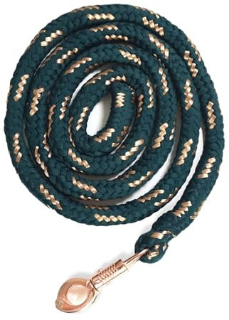 Führstrick Pferd mit Panikhaken Rosegold Pferde Strick Länge 2m viele Farben mit Glitzer (Dunkelgruen-Gold)