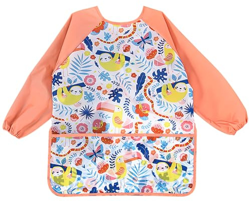 Grembiule per bambini, età 3-8 grembiule per bambini grembiuli per bambini impermeabili grembiule per pittura manica per dipingere con tasca per dipingere, cucinare, mangiare, arti e mestieri (rosa)