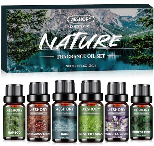 AESHORY Set de Aceites Esenciales para Humidificador 6 x 10ML, Natural Aromaterapia Aceite Esencial para Difusor, SPA, Masaje - Bambú, Lluvia, Pino del Bosque, Sándalo & Rosa, Lavanda & Manzanilla