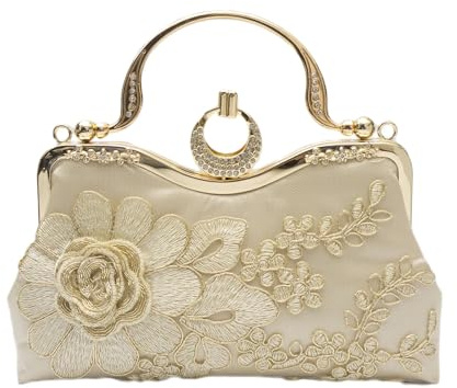 CORIOS Bolsa de Noche para Mujer Bordado Floral Embrague Bolso de Fiesta Pequeña Bolso de Boda Lujoso Bolsa de Cadena Clutch Elegante Bolso de Hombro Retro Fiesta Banquete Bolsos Bandolera Oro