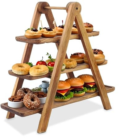 3-Tier Cake Stand – Foldable Charcuterie Board, Grazing Board, Wooden Tray for Party Food – Buffet Risers, Afternoon Tea Stands, Serving Platters for Fruit Cake, Cupcake Tray, and Decorative Tray