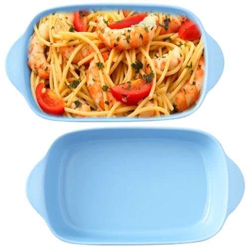 Juego de 2 fuentes de cerámica para horno de 23,5 x 13 x 4,5 cm, molde para lasaña, molde rectangular con asas de cerámica para lasaña, cazuela, pasta, pastel (azul)