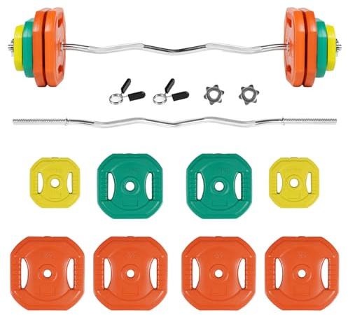 EIGFOH Barra de Pesas con Discos, 20kg,30kg Total, 120cm, Discos de Goma Naranja/Verde/Amarillo, Capacidad 300kg (30kg(4x5,2x2.5,2x1.25) &Barra Z)