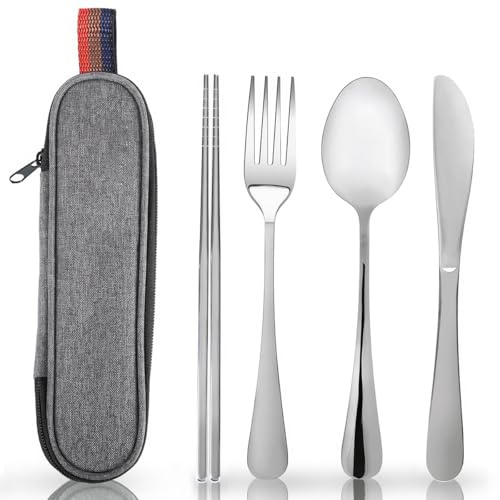 Ensemble de Couverts Voyage Zykra, 4 Pièces, Acier Inoxydable, Couteau, Fourchette, Cuillère, Baguettes, Set de Couvert, Camping, Pique-Nique, Voyage, Outdoor