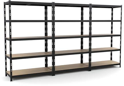 Edsal MuscleRack 5-Tier Heavy Duty Steel Shelving Unit Set of 3 | 180x90x45 cm | 200kg Load Per Shelf (1000kg Per Bay) | 3x Black Storage Shelves | 5 Tier Garage Shelving (3)