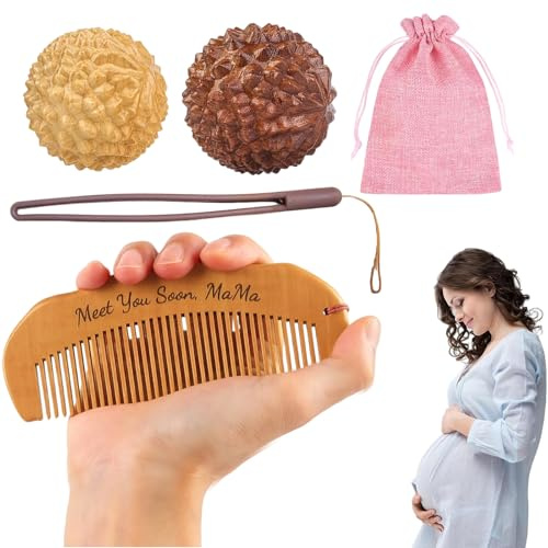 FrostyFlair födelsekam och massageboll, 3 delar födelsekam och massageboll set, träkam present till gravida kvinnor, akupressur för smärtlindring under födsel och graviditet