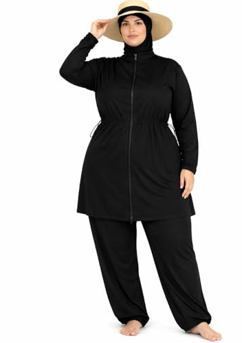 Burkini Femme Grande Taille Modeste 4 Pièces Opaque–Maillot de Bain Long Couvrant avec Hijab de Bain,Tunique Zippée Manches