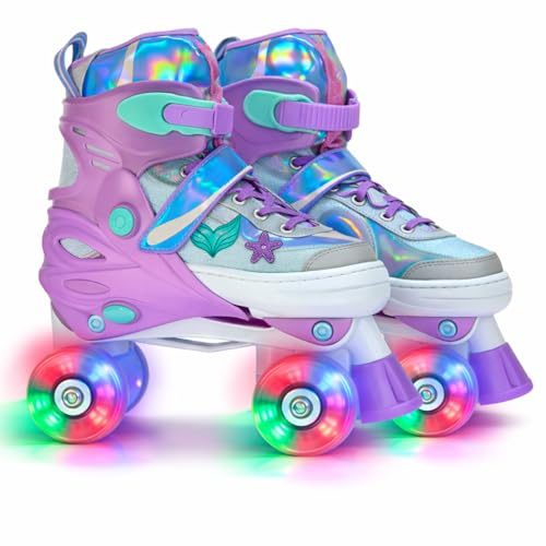 Pattini a rotelle Pattini bambina Regolabili Pattini a 4 Ruote,patini bambini 4 ruote luminosi per ragazze e ragazzi Altissima Qualità Modello Sirena Deluxy (34-37)