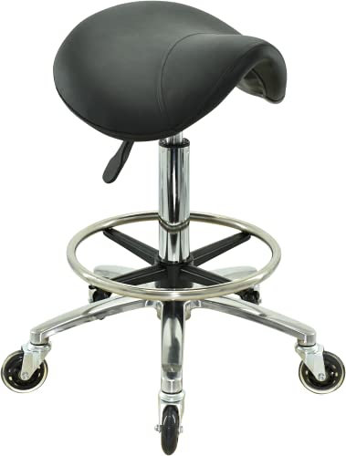 VAKON SALON - Sattelsitz Rollhocker höhenverstellbar von 55-75 cm auf Premiumrollen und Fußring, Drehhocker, Rollhocker, Praxishocker, Bürohocker, Sattelhocker