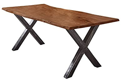 SAM Esstisch 120x80 cm Bergamo, Akazienholz massiv + nussbaumfarben + lackiert, echte Baumkante, Baumkantentisch mit Vintage X-Gestell aus Metall schwarz, Tischplatte 26 mm