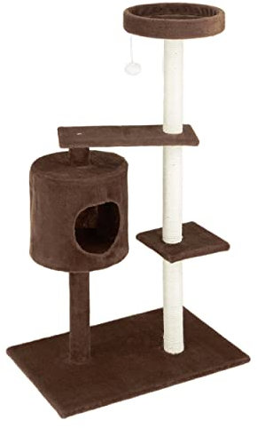 Baroni Home Arbre à Chat en Bois avec Cordes Sisal, Arbre à Griffor avec 3 Balançoires et Une Niche en Centre, Griffor pour Chats Adultes, 61x40x122 cm, Marron