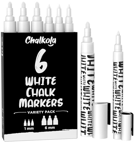 Chalkola Marqueurs à craie blanche Marqueurs à craie liquide effaçables à sec pour tableau noir, fenêtre, bistrot, vitre de voiture, tableau, panneaux - Lot de 6 - (3 x) 1 mm et 6 mm