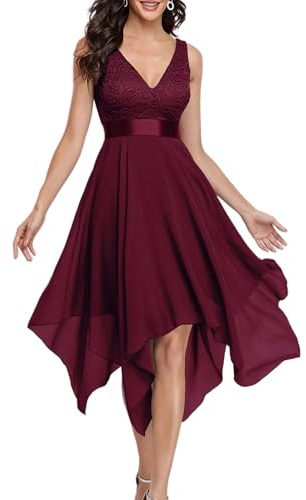 Ever-Pretty Abiti da Sera Senza Maniche con Scollo a V Stile Impero Linea ad A in Pizzo Chiffon al Ginocchio con Orlo Asimmetrico da Donna Gelso 42