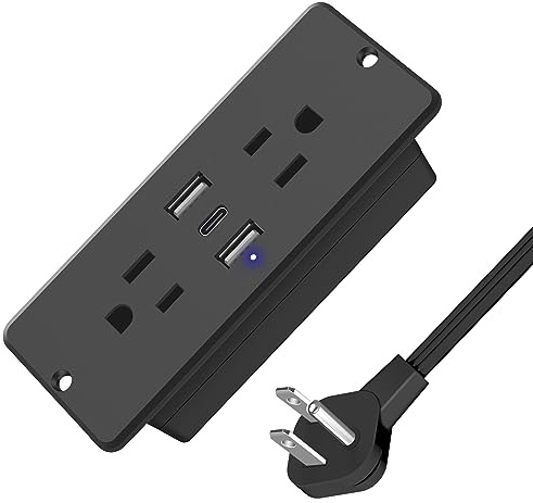 HHSOET 5 in 1 Recessed Power Strip Flat Plug, 20W Fast Charging Furniture Outlet with USB, Conference Recessed Socket with 2 AC Plugs, 2 USB Ports 1 USB-C, 6ft Power Cord. (Black)