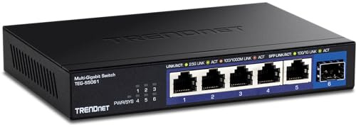 TRENDnet 6-Port Unmanaged 2.5G Switch with 10G SFP+ Port, TEG-S5061, 5 x 2.5GBASE-T Ports, 45Gbps Switching Capacity, Fanless, Wall Mountable, Black