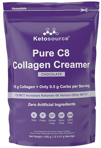 Crema di Collagene C8 Pura | Sapore Naturale di Cacao e Cioccolato | Si Mescola Facilmente Senza Formare Grumi | Polvere di Collagene Chetogenica per la Keto Diet | 500g | Ketosource®