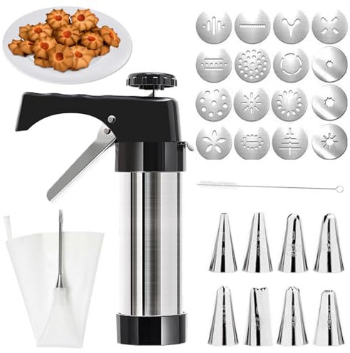 XSYKJGS Biscuit Maker, Máquina Galletas Molde para Repostería con 16 Moldes De Disco y 8 Boquillas Prensa, bolsa con marco de TPU y cepillo de limpieza para DIY Elaboración de Galletas de Pasteles