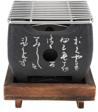 Mini Parrilla Japonesa para Barbacoa, Parrilla de Mesa, Parrilla Japonesa de Carbón con Bandeja para Hornear y Base de Madera, Parrilla Pequeña, Parrilla Portátil para (16,5x14,5
