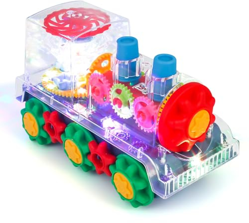 ZHFUYS Light Up Train for Kids, Transparent Gear Train with Cool Lights and Music, Fun Educational Crawling Toys for Toddlers, Birthday Gift Idea