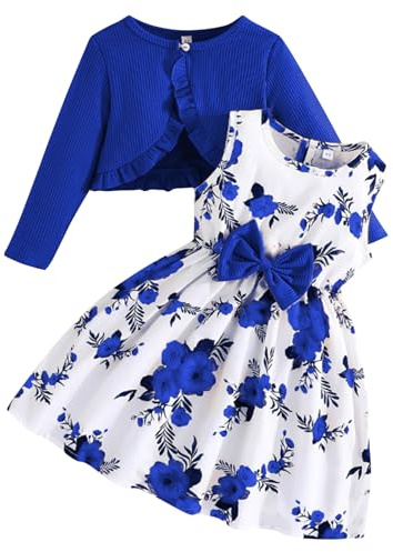 Kunyeah Vestito per Bambine con Set di Cardigan Vestito Floreale Senza Maniche con Volant Bambino Vestito a Maniche Lunghe