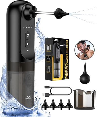 Hommie Ohrenschmalz Entferner, Elektrischer Ohrenreiniger Mit 4 Druckmodi/4 Düsen/Ohrreinigungsset/Becken,IPX7 Wasserdicht für Erwachsene Kind Ohrdusche